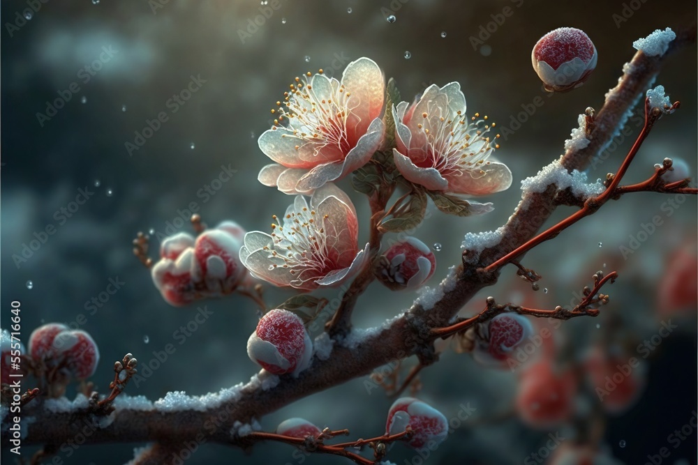 Poster a branch with flowers covered in snow on a dark background with a light shining through the branches