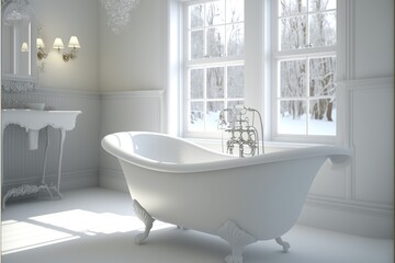 Fototapeta na wymiar White classic bathroom interior with large window and lots of light, white antique clawfoot bathtub. White interior, classic, majesty. AI