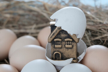 Metal toy house with a shell on top. Next to the eggs in the straw. The concept of getting a new home, buying.