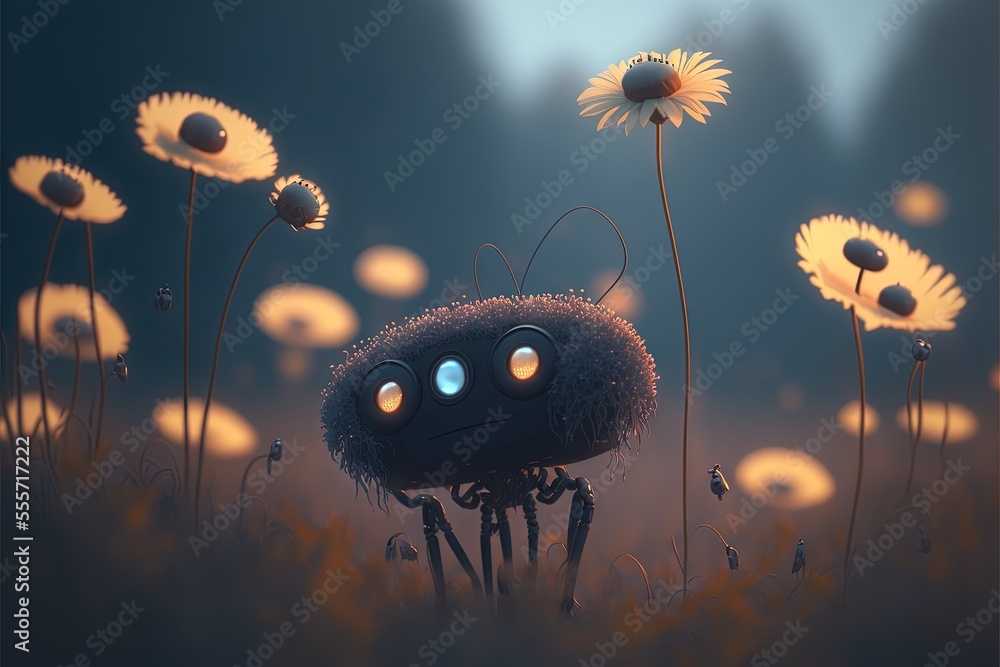Poster a bug with glowing eyes standing in a field of flowers with a forest in the background at night time