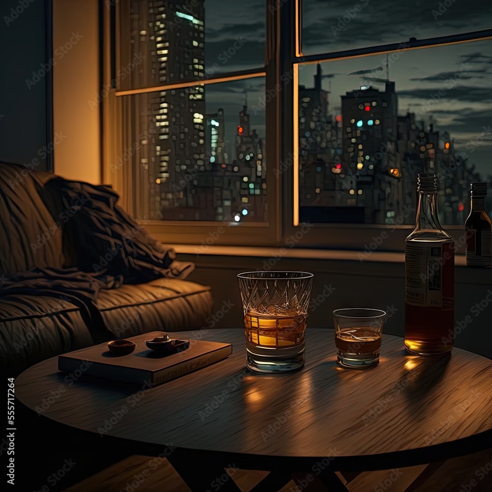 Poster a table with a bottle of whiskey and a glass on it with a book and a remote control on it., generative ai, generative ai