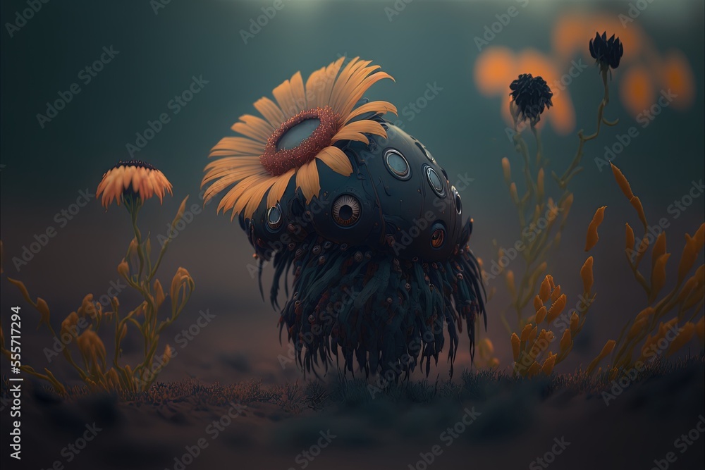 Poster a strange looking object with a sunflower on it's head in a field of flowers and grass., generative 