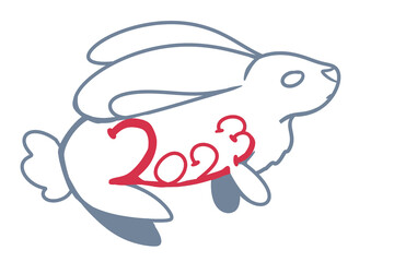 Hand-drawn rabbits and hares. For the New year 2023. On a white background. Isolated. In cartoon style. The outline of a rabbit with the number 2023 inside