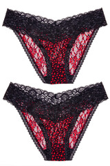Underwear woman isolated. Set of luxurious elegant black lacy thongs panties with colorful red...