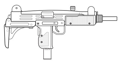 Vector illustration of the UZI israel machine gun with folded stock on the white background. Right side. - obrazy, fototapety, plakaty