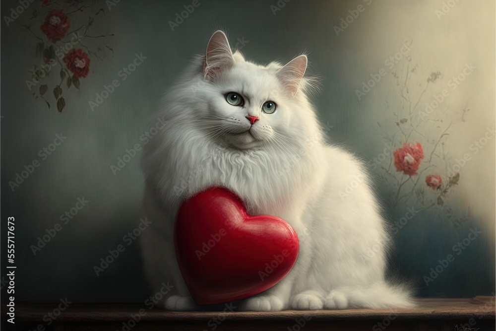 Poster a white cat holding a red heart on a table with flowers in the background and a painting of a cat be