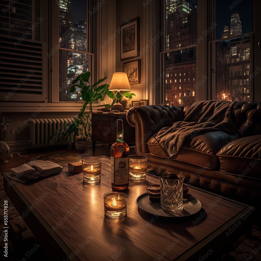 Poster a living room with a couch and a table with candles on it and a bottle of whiskey on the table., generative ai, generative ai