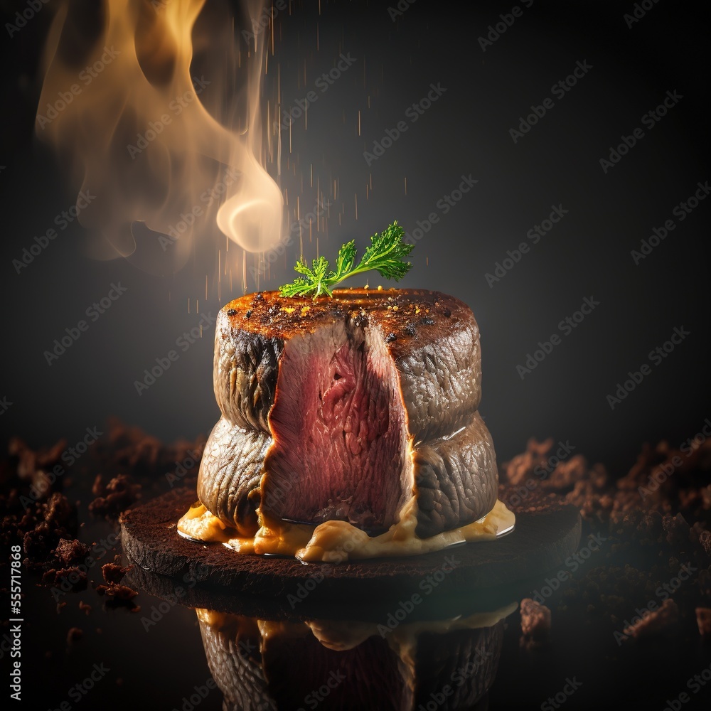 Poster a piece of meat with a green leaf on top of it on a plate with smoke coming out of it., generative a