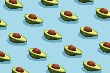 Avocado pattern on blue background. Minimal flat lay style