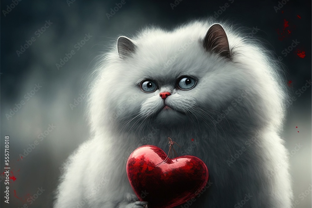 Poster a white cat holding a red heart in its paws and staring at the camera with a creepy look on its face