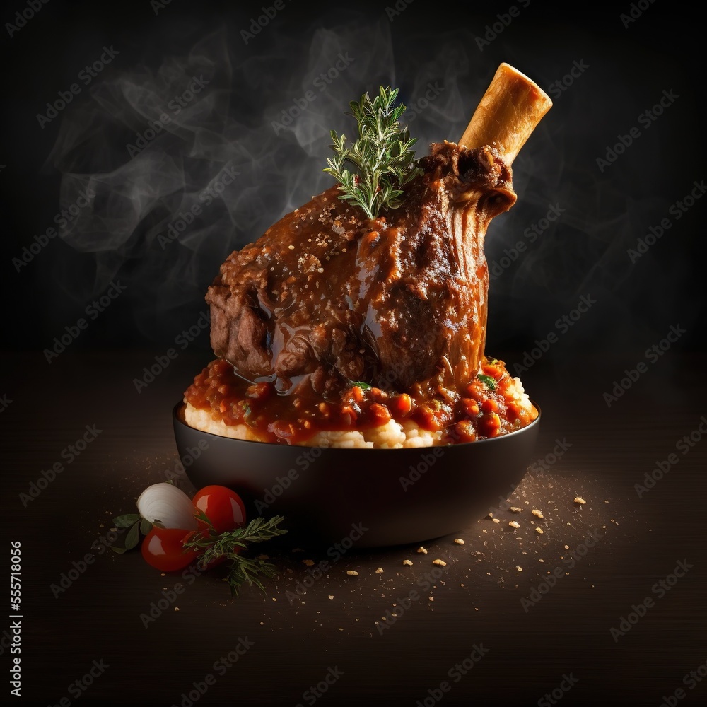 Poster a roast beef with red sauce and vegetables in a bowl with a side of bread and tomatoes on a dark bac