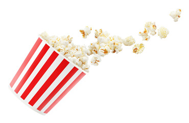 Tasty popcorn falling out of a red striped carton bucket, isolated on white background