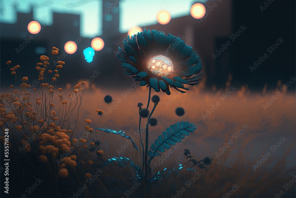 Poster a flower with a light on it in a field of grass and flowers with lights in the background and a city