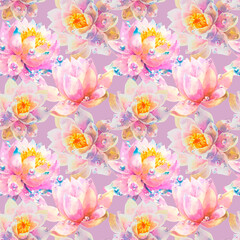 Fototapeta na wymiar Watercolor Seamless Pattern with Romantic flowers of water lily on violet background.