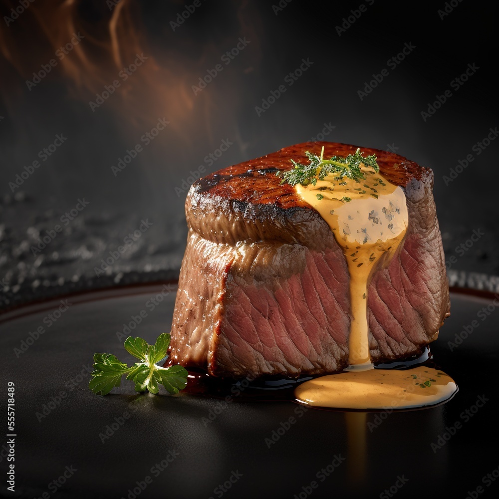 Aufkleber a piece of steak with a sauce drizzled on it and a sprig of parsley., generative ai, generative ai