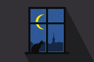 Silhouette of a cat on the window on a moonlight starry night