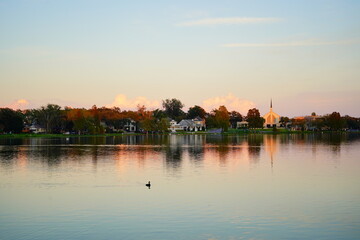Lakeland, FL USA - 11 25 2022: Sunset Landscape of city center of lakeland Florida