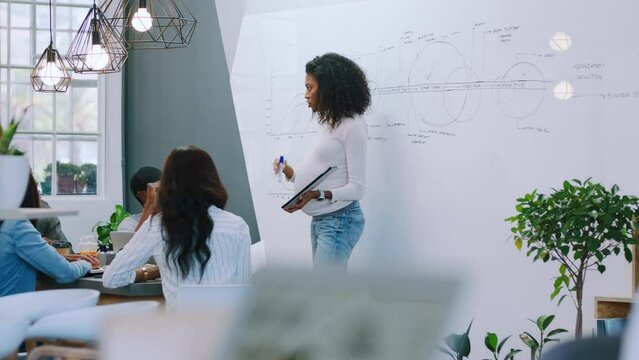 Data analytics, presentation or black woman with tablet in meeting for innovation planning, creative research or marketing KPI. Digital agency, startup or team for strategy, web design or app review