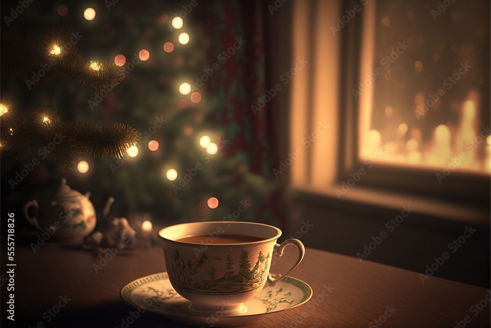 Aufkleber a cup of coffee sitting on a saucer next to a christmas tree with lights on it and a lit window., ge