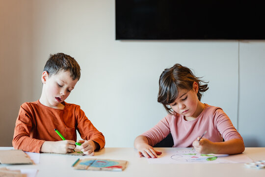 Siblings drawing environmental posters together
