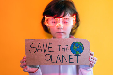 Futuristic girl showing environmental placard