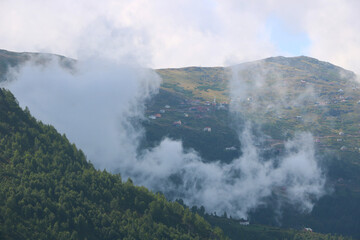 A typical view of Eastern Black Sea Region, forests and foggy hills in Trabzon, Turkey.