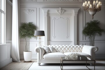 White classic living room interior with a large window and a large beautiful white sofa, lots of light and indoor plants, moldings on the walls. White interior, classic, majesty, flowers, green. AI - obrazy, fototapety, plakaty