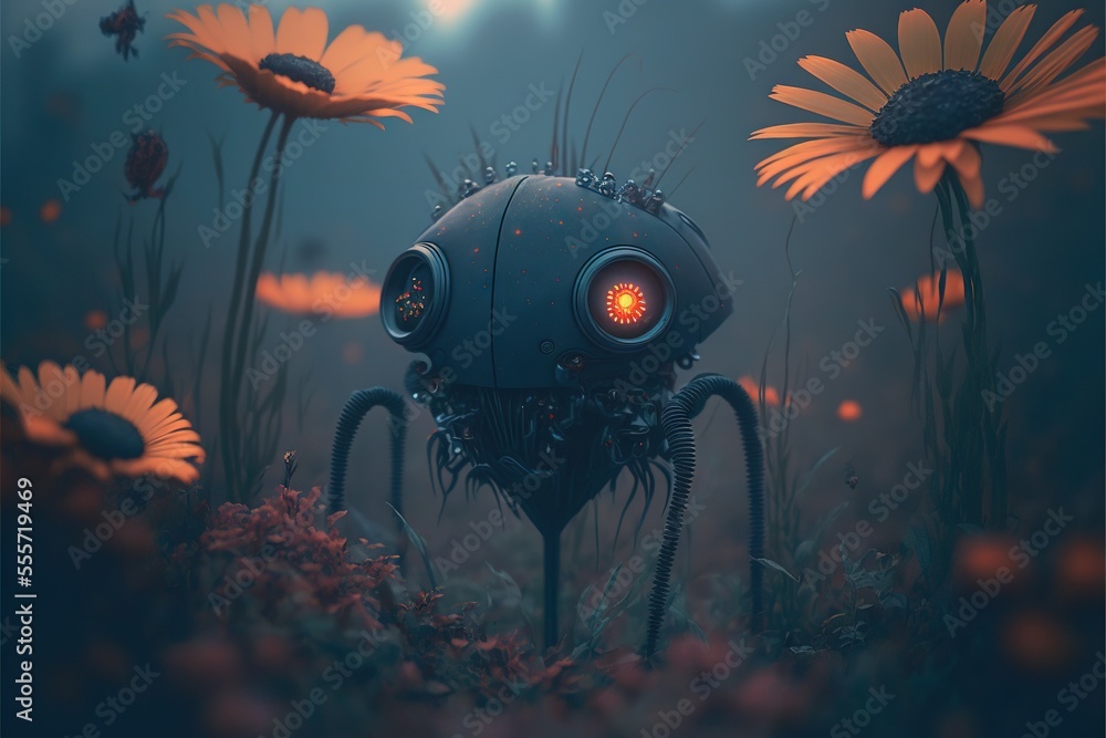 Poster a strange looking object with a glowing eye surrounded by flowers and grass in a field of grass with