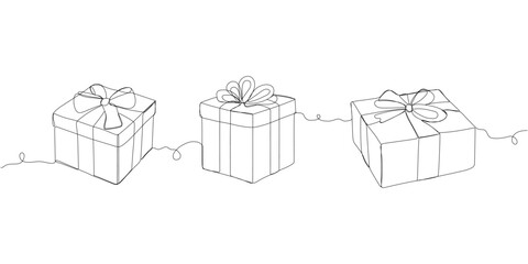 Gift box with a bow. Gift. One single continuous line drawing of a gift box isolated on white background. Beautiful hand-drawn design vector illustration. Icon. Logo design. Contour drawing