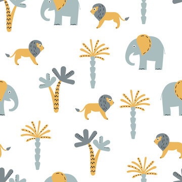 Seamless safari pattern with cute animals, elephant and lion. Vector Africa illustration for kids	