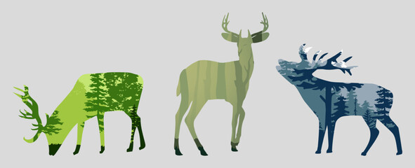 Obraz premium Three deer silhouette with spruce forest