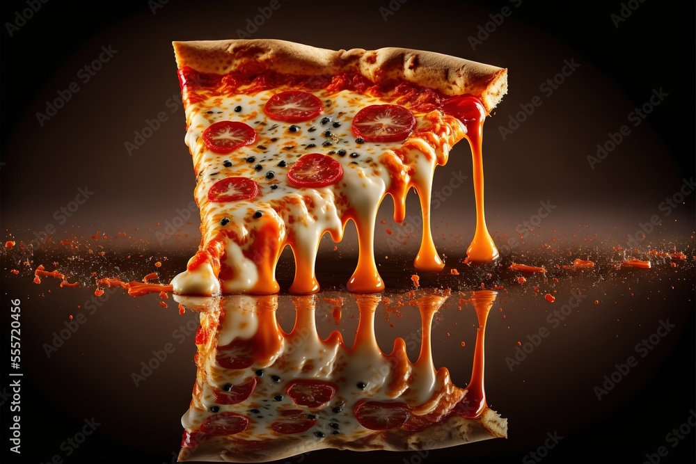 Poster a slice of pizza with cheese and pepperoni on it is being lifted by a fork with a bite taken out of 