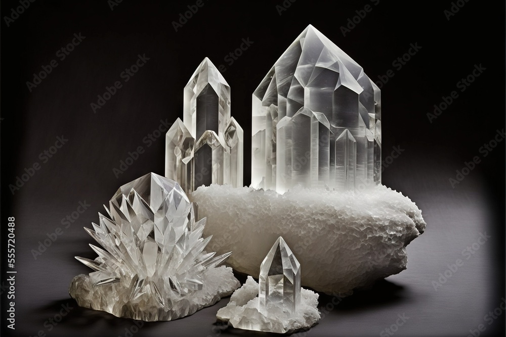 Poster a group of crystal pieces sitting on top of a table next to each other on a black surface with a bla
