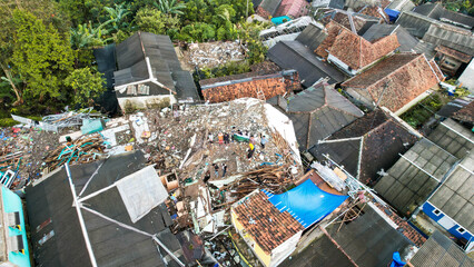 Aerial view of The Ruins of buildings damaged after the earthquake in Cianjur City. 