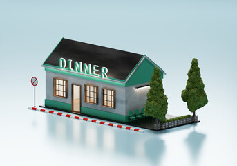 3D Rendering Restaurant In Isometric Exterior Background
