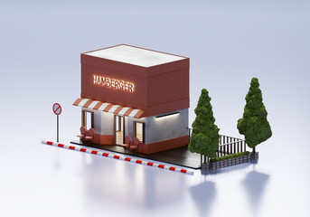 3D Rendering Hamburger  Shop In Isometric Exterior Background