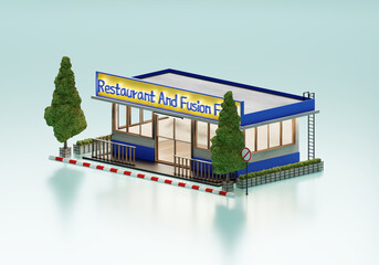 3D Rendering Restaurant And Fusion Food In Isometric Exterior Background