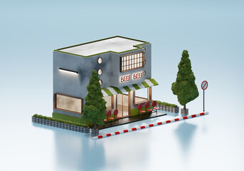 3D Rendering Butcher Shop In Isometric Exterior Background