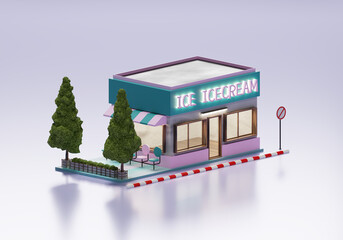 3D Rendering Icecream Shop In Isometric Exterior Background
