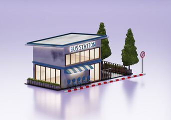 3D Rendering Bus Station In Isometric Exterior Background