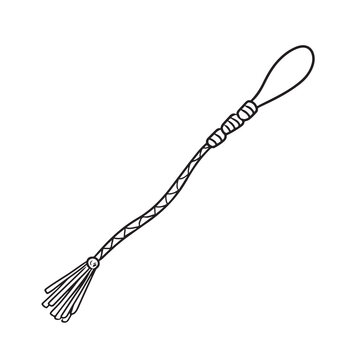 Leather whip knout with small tassels in black isolated on white background. Hand drawn vector sketch illustration in doodle engraved outline style. Sexual adult role games, dominance.