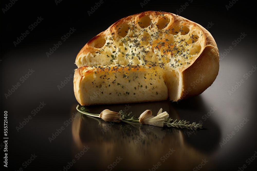 Poster a piece of bread with a sprig of herbs on it and a slice of garlic on the side., generative ai