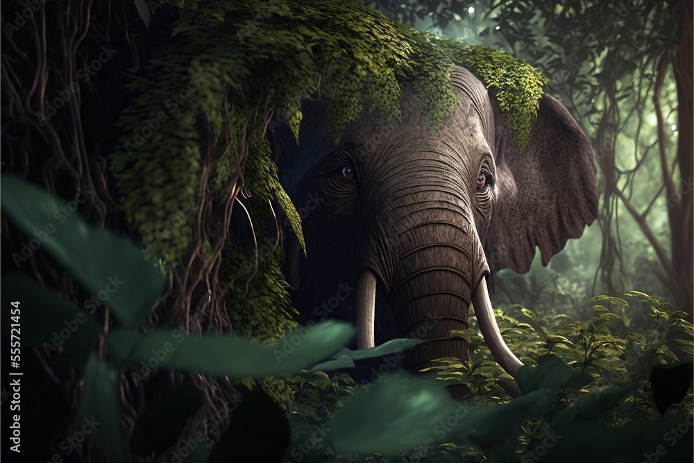 Poster an elephant with a large trunk in the jungle with trees and plants around it. generative ai