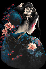 A beautiful girl with a black bun and a blue Japanese kimono, cherry blossom hairpin, illustration