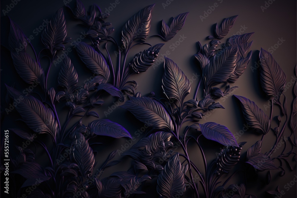 Poster a bunch of purple leaves on a black background with a black background behind them and a black backg