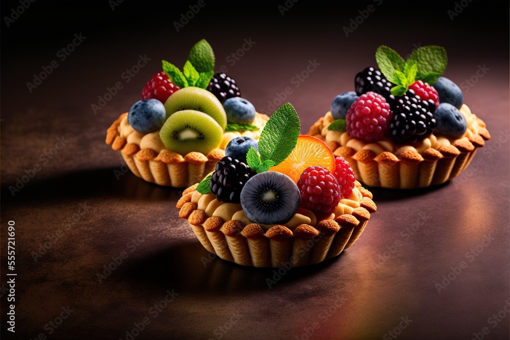 Aufkleber a couple of small cupcakes with fruit on top of them on a table with a black background., generative