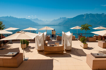 Sun deck overlooking Vevey and Lake Geneva in Switzerland.