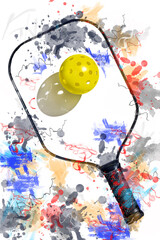 abstract Pickleball illustration with colorful paddle and yellow Pickleball on a white background