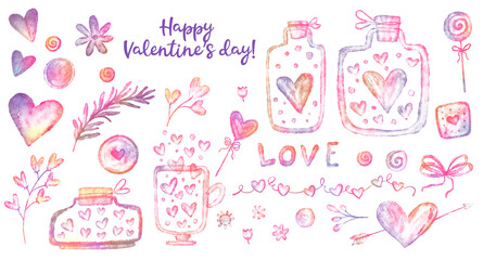 Vlentines day watercolor clipart pink elements. Cute hearts in glasses. Love.