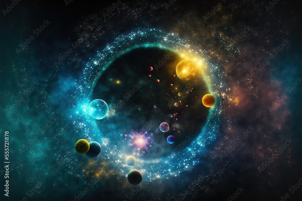Poster a space scene with a planetary system and planets in the center of the image. generative ai